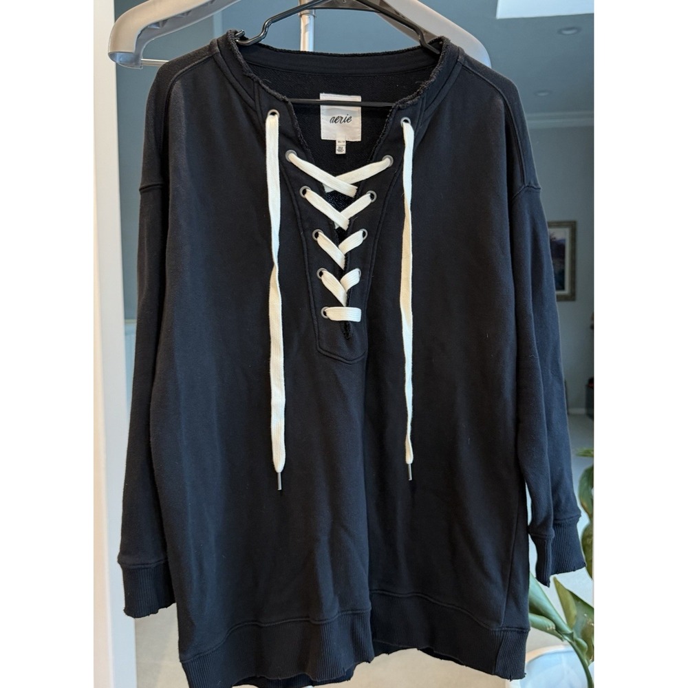 Aerie Lace Up Sweatshirt Distressed Womens Size XS Black Oversized